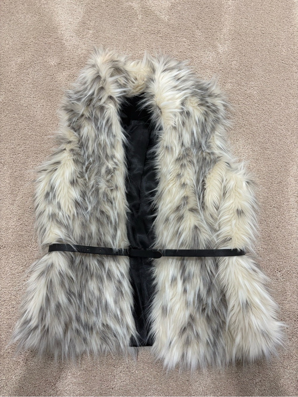 Only Faux Fur Vest in Cream and Gray with Black Belt